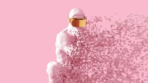 4K. Sculpture Thinker With Golden VR Glasses Desintegrated Into 3D Pixels On Pink Background. 3D Animation. 3840x2160.