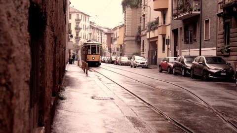 Milan, Italy: Ocotber 19, 2019: tram starting from terminus in a rainy day
