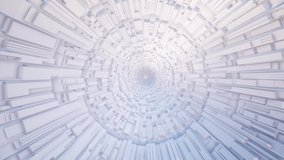 Inside white tunnel looped animation. Realistic sci fi portal with volumetric design elements on walls seamless footage. Moving down hi tech tube video. Futuristic urban space architecture concept