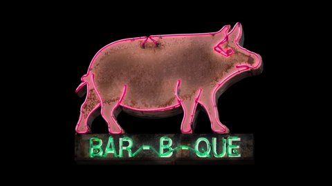Isolated, Looping Flashing Neon Rustic Old Neon Pig Sign For A Barbecue (BBQ) Diner