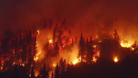 Aerial, tracking, drone shot, overlooking forest in flames, Alaskan wildfires destroying and causing air pollution, on a dark, summer night, in Alaska, USA