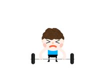 Funny cartoon animation little boy kid lifting weight. Man doing workout training exercise at gym club center. Get healthy fit body, lose fat, increase stronger muscle. 4K digital film resolution clip