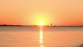 Sunset at Dunedin Causeway in Dunedin, Florida, USA. Golden sun on ocean with birds flying in the sky. Beautiful seascape. Dunedin is located along the Gulf Coast, just west of Tampa.