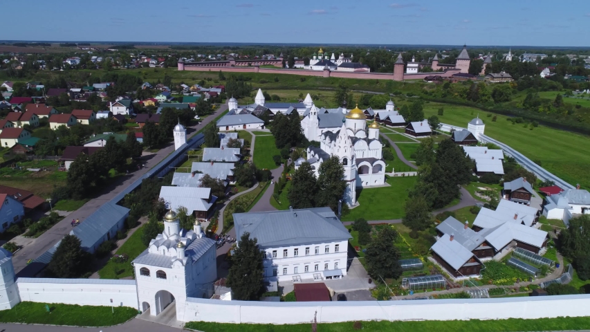 Suzdal, Golden Ring of Russia. Aerial panorama from the Pokrovsky monastery to the Spaso-Evfimiev monastery on a summer day.