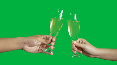4K. two people clinking each other's with glass of champagne isolated on chroma key green screen background
