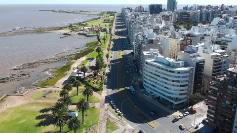 Promenade Rambla Gandhi, Buildings, Road, Cars, Traffic, Montevideo, aerial view