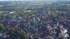 Aerial view of the city Wangen im Allgäu in Germany on a sunny day in autumn. High descend beside the city.