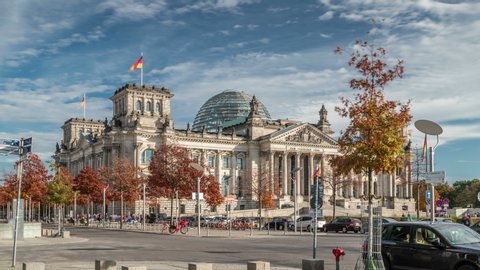 BERLIN, GERMANY - OCTOBER 20, 2019: Timelapse view of famous Reichstag building (german government), Berlin, Germany. 
