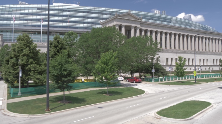 Onboard open top bus shot of city streets of Chicago including Soldier Field, Chicago, Illinois, United States of America, North America