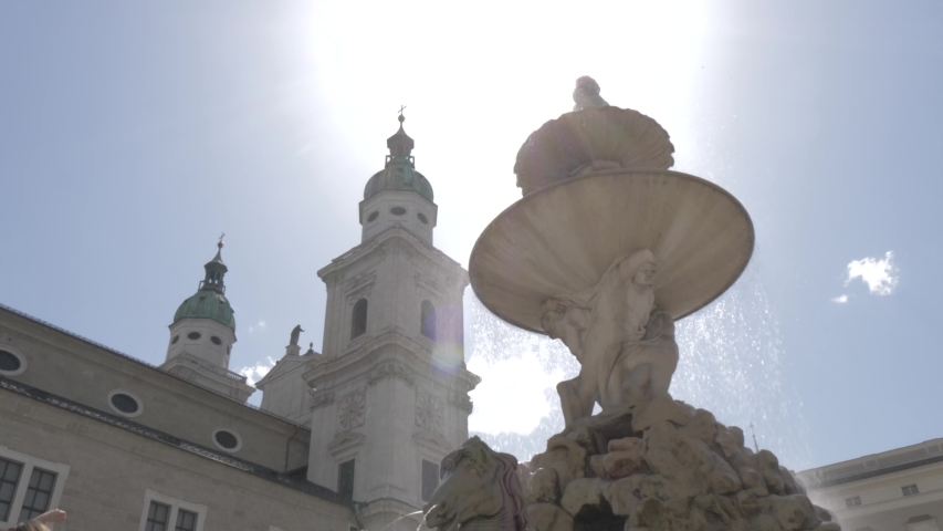Residenzplatz fountain and Cathedral in Residenzplatz, UNESCO World Heritage Site, Salzburg, Austria, Europe
