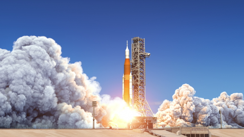 Big Heavy Rocket (Space Launch System) Launch. Slow Motion. Full 3D Animation. 4K. Ultra High Definition. 3840x2160. | Shutterstock HD Video #1039599503