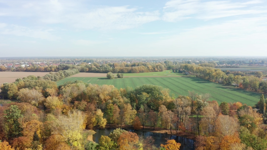 Green fields aerial view before harvest at autumn. Aerial view of agricultural field. Background image of lush grass field under blue sky.