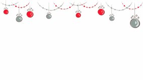 Christmas decorations / Horizontal narrow banner with beads and balls. Video footage with graphic animation.