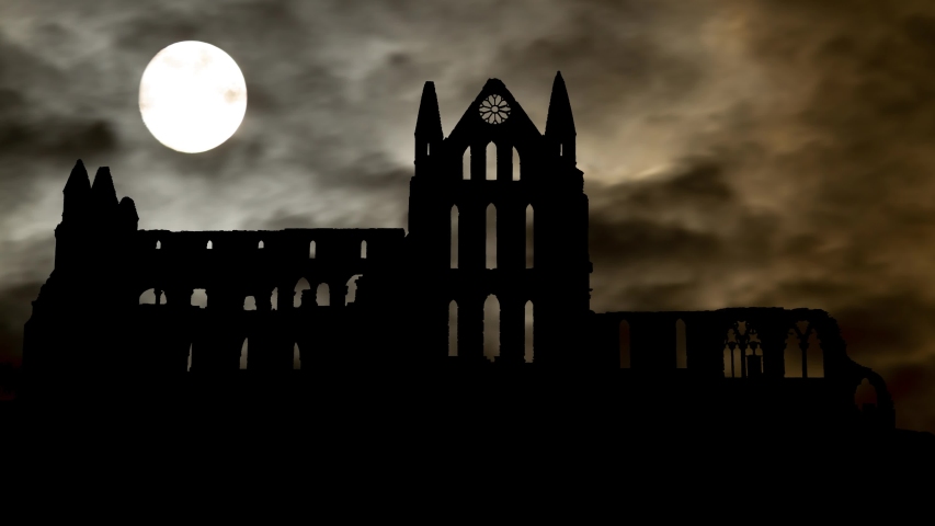 Whitby Abbey: Time Lapse by Night with Full Moon and Dark Sky, Ruined Gothic Church which Inspired the Novel Dracula, Yorkshire, England, UK Royalty-Free Stock Footage #1039607777
