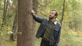 Bearded man leaning on tree. Young male in casual clothes walking in forest and enjoying scenery in sunny weather. - Powered by Shutterstock - Get 15% off with code: PIKWIZARD15