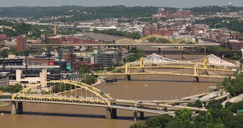 Pittsburgh, USA - June 23, 2019: Roberto Clemente Bridge, Fort Duquesne Bridge, Andy Warhol Bridge and the Rachel Carson Bridge over Allegheny River Pittsburgh Pennsylvania USA