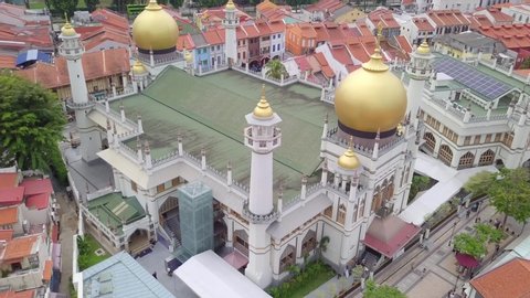 Aerial drone view of Masjid Sultan (Sultan Mosque) and its architecture in Singapore - 2019
