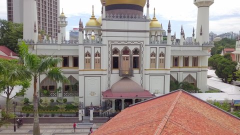 Aerial drone view of Masjid Sultan (Sultan Mosque) and its architecture in Singapore - 2019
