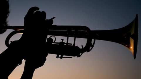 Silhouette technic used while recording. Silhouette of a woman playing a Trumpet on sunset. There is no noise or posterization on the footage.