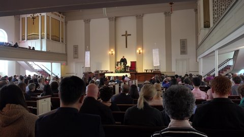 Boston, Massachusetts / USA - APRIL 28, 2019:
Sunday Church Service in the Boston Park Street Church. 