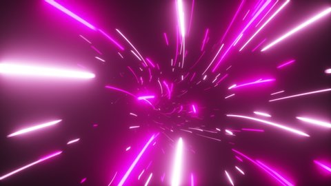 Flying in an abstract bright neon technology tunnel. Modern light. Hyper jump in data space. 3d render. Modern ultraviolet light spectrum.