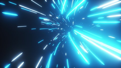 Flying in an abstract bright neon technology tunnel. Modern light. Hyper jump in data space.  3d render
