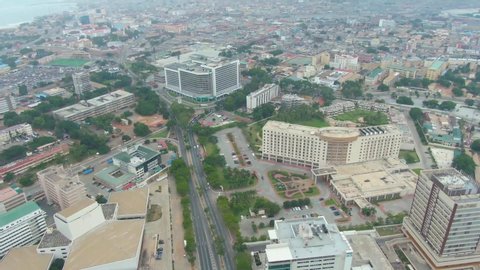Ghana Accra central aerial view track backwards