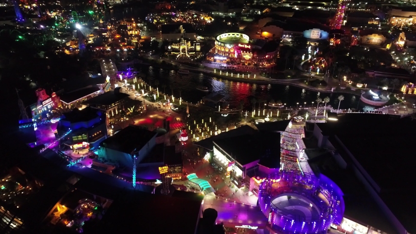 Aerial view of colorful Citywalk by Universal Orlando at night. Theme Parks landscape. Orlando, Florida, United States. Citywalk by Universal Orlando at night. Night theme park. Orlando, Florida, Usa.