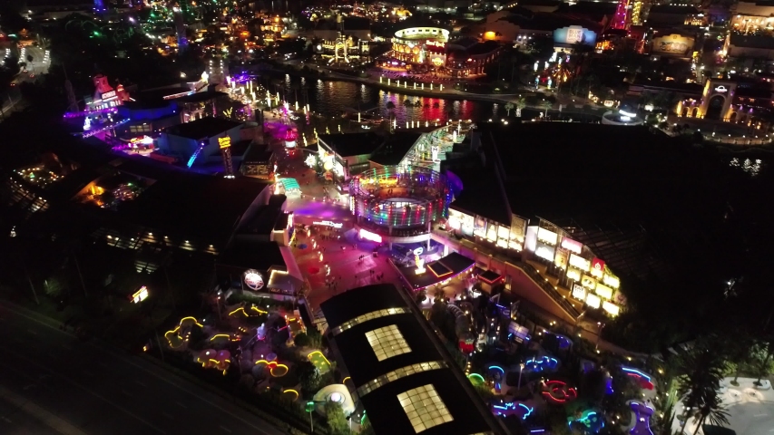 Aerial view of Colorful Citywalk by Universal Orlando at Night. Great Landscape of Theme Park. Orlando, Florida, United States. Night Life. Night Scene. Theme Park at Night. Orlando. Universal Studios