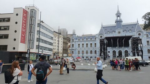 Valparaiso, Chile - Oct 11, 2019: View of the Chilean Navy Headquarters in Valparaiso and all its rounded area. It is a french style historical building in the main square of the city.