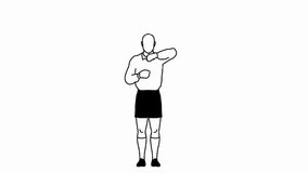 2d Animation motion graphics drawing showing a rugby referee with different hand signal on white and  black screen in HD high definition.