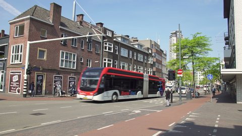 EINDHOVEN, NETHERLANDS - CIRCA 2019: Car traffic in Keizersgracht street in central Eindhoven. Street view, sunny spring day