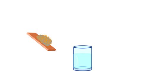 Floating, sinking, buoyancy. Separation of sawdust and sand flour. oil and water. Separation of mixtures. Laboratory experiment or cooking on kitchen counter. 2d animation. 4k educational video