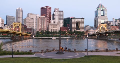 Pittsburgh, Pennsylvania - June 23 2019:  Roberto Clemente Bridge and the Andy Warhol Bridge over Allegheny River Pittsburgh Pennsylvania USA