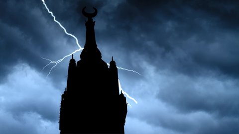 Mecca Clock Tower: Time Lapse with Thunderstorm and Lightning in Background, Saudi Arabia