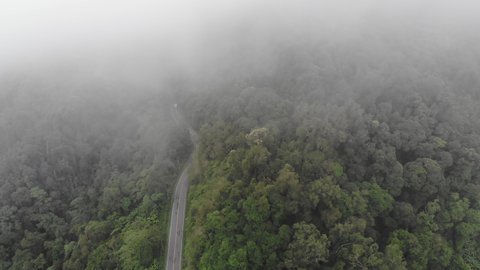 Aerial top view of sky road over top of mountain with fog and green forest