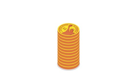 Stacks of gold coins. Isometric loop animation on white background. 4K resolution. 