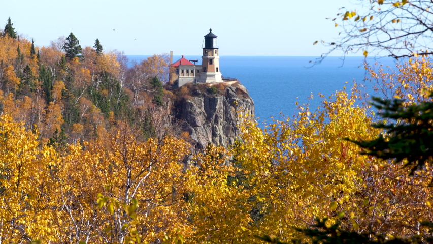 Split Rock Lighthouse on Lake Superior in Minnesota - fall leaves blow softly in the wind