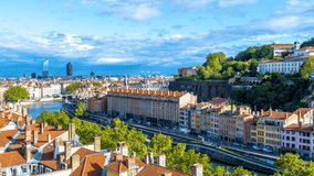 Lyon france skyline aerial view of old town and river, view at day time lapse video.