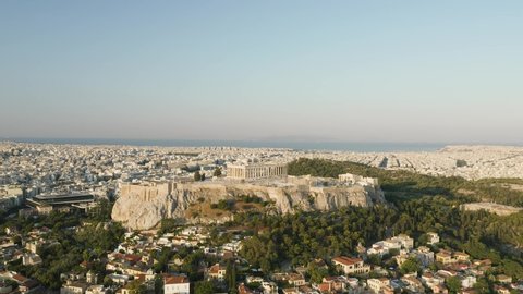 4K Aerial Athens Greece Parthenon Acropolis Lowering Sunrise
