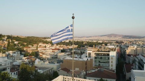 4K Greek Flag Drone Orbit Acropolis Parthenon Greece Athens
