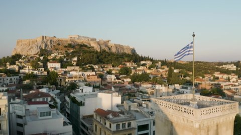 Greek Flag Athens Acropolis and Parthenon Aerial 4k Drone Background