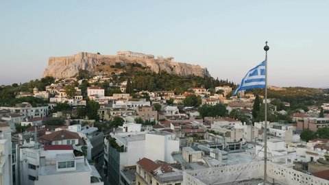 Flag of Greece Over Athens Greece Parthenon Acropolis Drone Sunrise