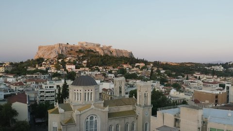 Athens Greece Parthenon Acropolis Metropolitan Cathedral Drone Sunrise
