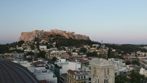 Greek Flag, Athens Aerial, Acropolis, Parthenon, Metropolitan Cathedral, Drone