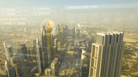 Aerial view of Dubai City skyline with animated information. Graphs and charts across a screen showing data visualizations and information. 4K - Powered by Shutterstock - Get 15% off with code: PIKWIZARD15
