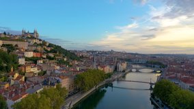 Lyon aerial skyline view from above video footage in 4k. View olf river, bridge and old town.