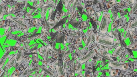 Heavy rain of one hundred dollar bills falling and fluttering on green screen. Money curtain background. Abundance concept. 3D Chroma Key animation
