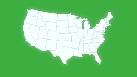 Map of United States of America showing different states. Animated usa contiguous lower 48 u.s. state map  isolated green screen chroma key background. 4K USA map animated motion graphics animation.