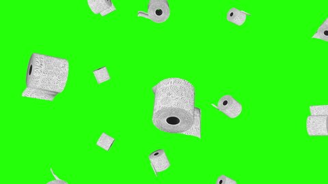 Rain of 3d Toilet paper rolls falling on green screen or chroma key background. Close up view. People stocking up concept. Abstract animation in 4k. 
